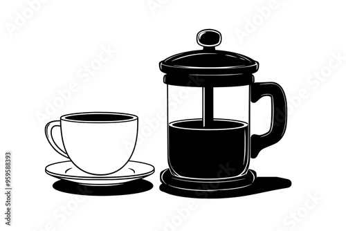 French press coffee maker next to a full cup of freshly brewed coffee, vector illustration art