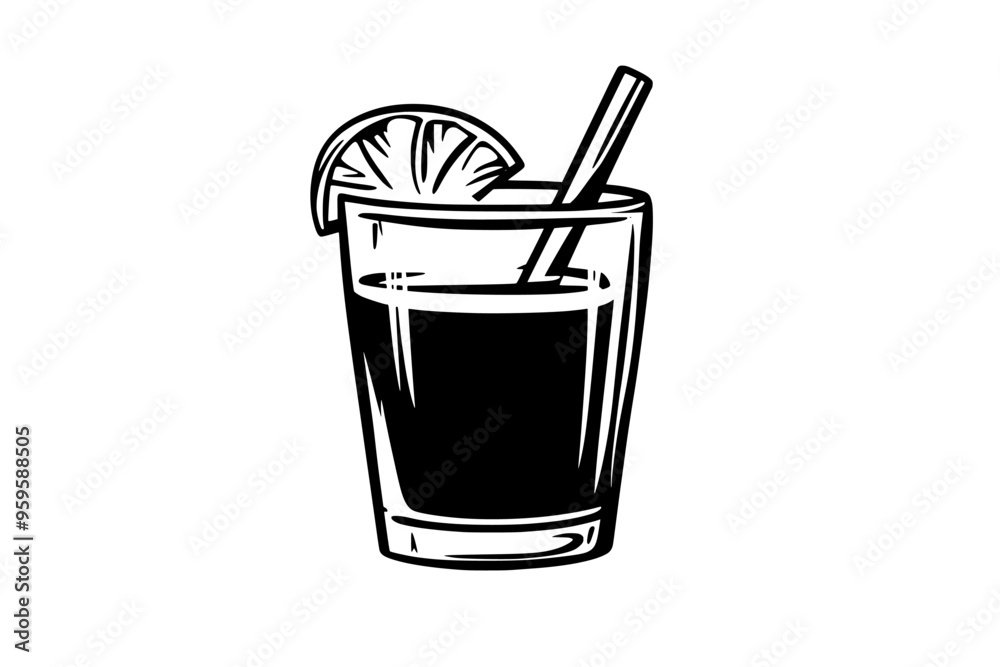 Glass of cider with a cinnamon stick and an apple wedge on the rim, vector illustration art Glass of cider with a cinnamon stick and an apple wedge on the rim, vector illustration art