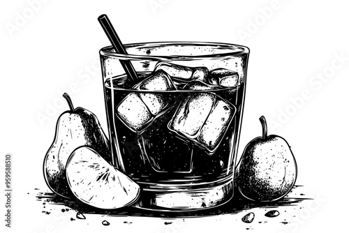 Glass of cider with a cinnamon stick and an apple wedge on the rim, vector illustration art