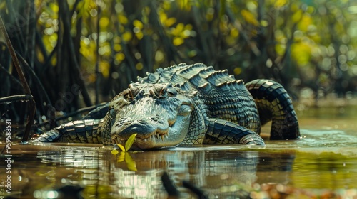 Alligator in Swamp Water with Bokeh Background photo