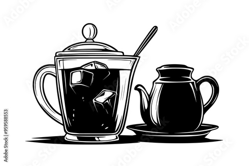 Glass of iced black tea with a teapot of brewed black tea, vector illustration art