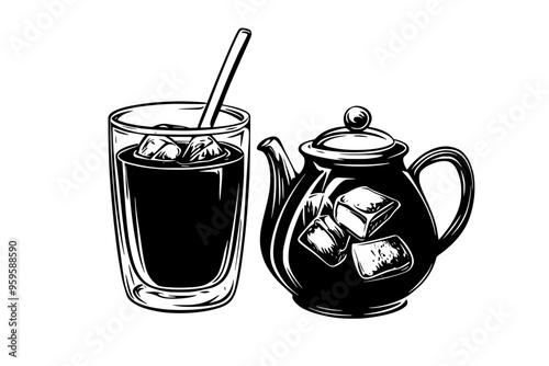Glass of iced chai with a teapot of brewed chai tea, vector illustration art