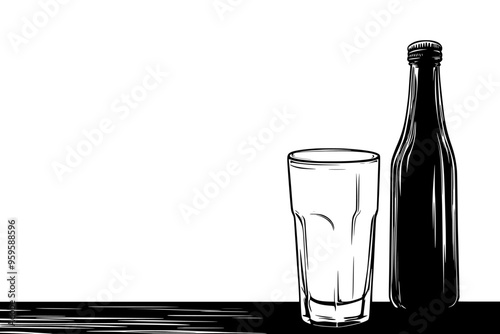 Glass of yogurt drink standing upright on a wooden table next to an unopened bottle, vector illustration art