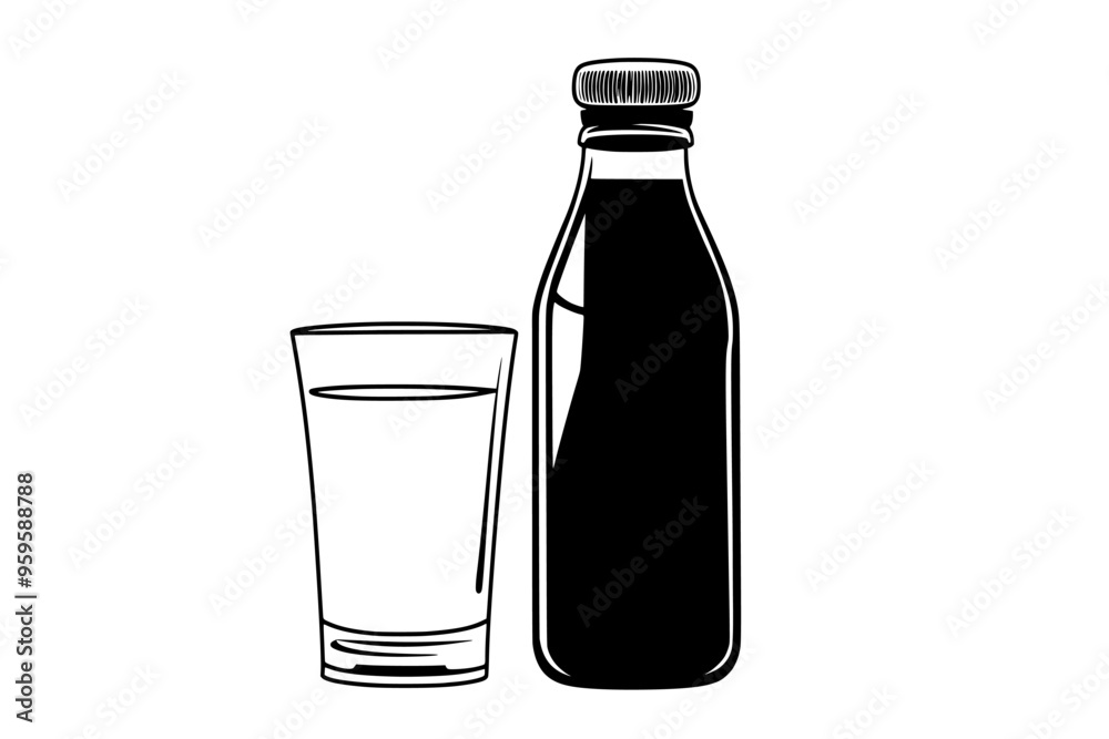 Milk bottle with a sealed cap beside a glass of milk, vector illustration art Milk bottle with a sealed cap beside a glass of milk, vector illustration art