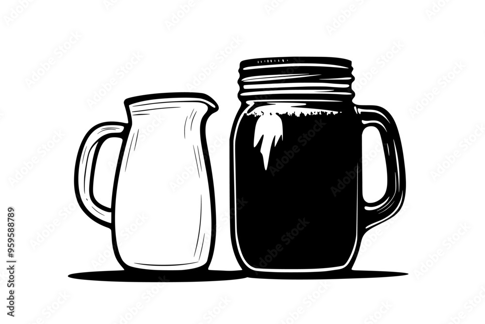 Mason jar filled with cold brew coffee, placed beside a small jug of milk, vector illustration art Mason jar filled with cold brew coffee, placed beside a small jug of milk, vector illustration art