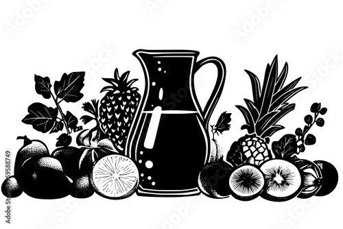 Jug filled with liquid placed among a variety of whole and cut fruits on a plain surface, vector illustration art