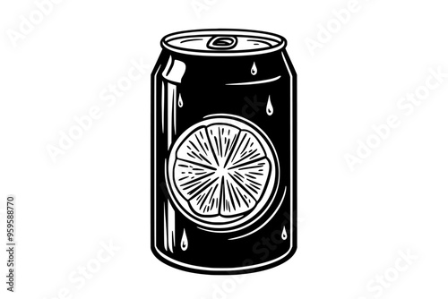Lemon-lime drink can, unopened, with a visible pull tab and condensation droplets, vector illustration art