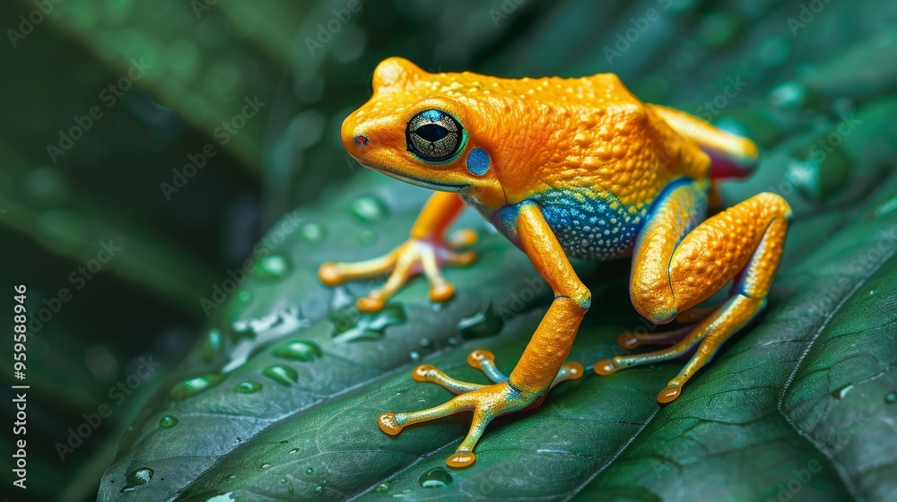 Vibrant Golden Poison Dart Frog on Green Leaf with Water Droplets Vibrant Golden Poison Dart Frog on Green Leaf with Water Droplets