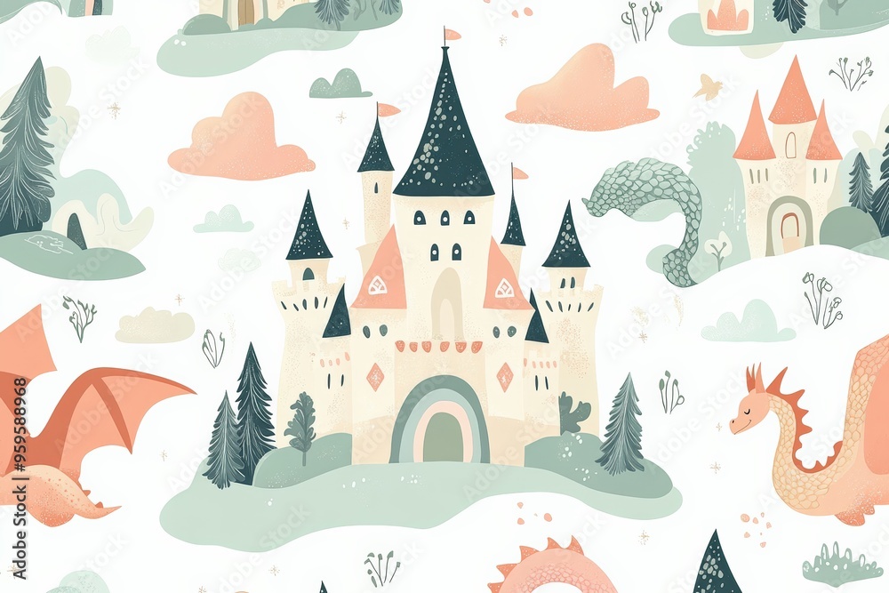 Create a seamless pattern with whimsical, hand-drawn fairy tale elements like castles, dragons, and enchanted forests. Use a soft, pastel color palette to evoke a magical and dreamy atmosphere Create a seamless pattern with whimsical, hand-drawn fairy tale elements like castles, dragons, and enchanted forests. Use a soft, pastel color palette to evoke a magical and dreamy atmosphere