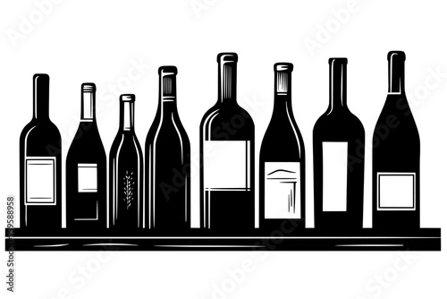 Selection of vintage wine bottles standing upright on a wooden shelf, vector illustration art