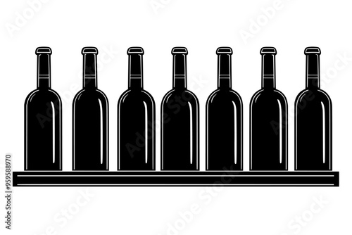 Row of vintage wine bottles on a wooden wine rack, vector illustration art