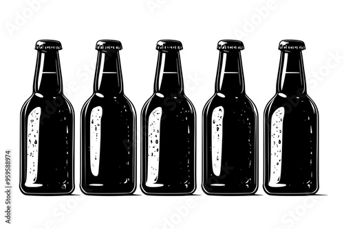 Row of stout bottles with dark liquid and condensation, vector illustration art
