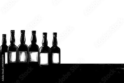 Series of aged whisky bottles standing on a plain wooden surface, vector illustration art