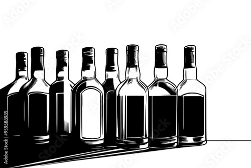 Set of premium vodka bottles symmetrically arranged on plain surface, vector illustration art