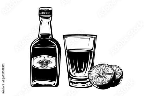 Filled shot glass of tequila beside bottle with visible label and lime, vector illustration art