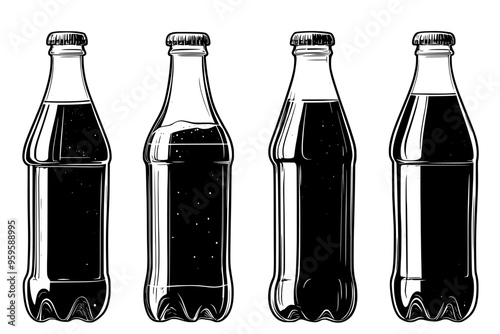 Set of carbonated soda bottles, different sizes, placed on a plain white surface, vector illustration art