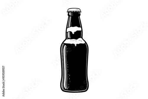 Single stout bottle with foam at the neck, vector illustration art