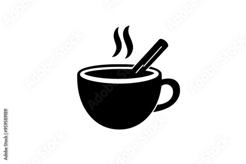 Steaming cup of hot chocolate with a cinnamon stick protruding from the side, vector illustration art