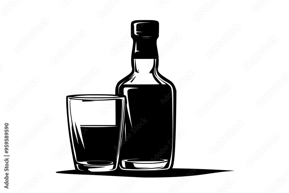 Unopened whiskey bottle with filled glass showing liquid inside, vector illustration art