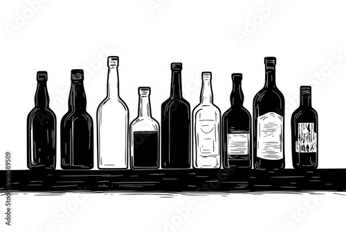 Assortment of craft distillery bottles arranged on wooden surface, vector illustration art