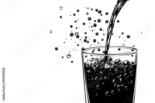 Carbonated soda being poured into a glass, filling up with bubbles, vector illustration art