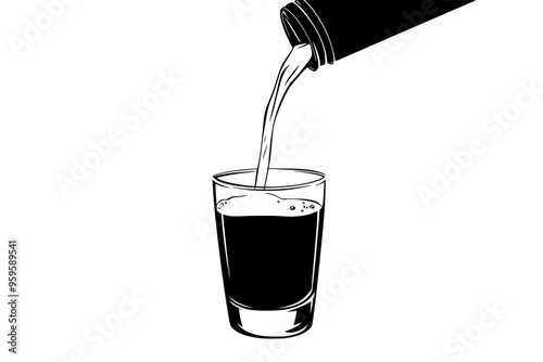 An oat milk carton pouring liquid into a clear glass, vector illustration art