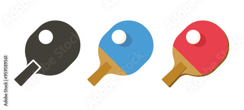 Ping pong tennis paddles with ball icon vector graphic illustration set, red blue flat cartoon pingpong game simple pictogram symbol isolated cut out image clip art
