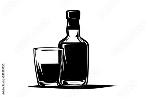 Unopened whiskey bottle with filled glass showing liquid inside, vector illustration art