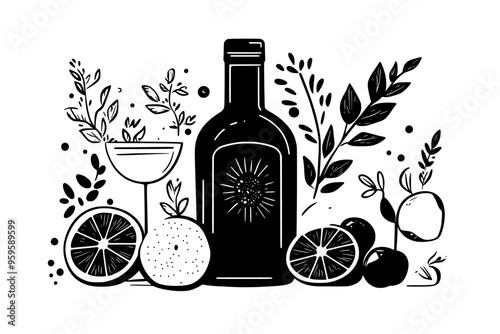 Unopened gin bottle with filled glass, fresh herbs, and fruits, vector illustration art
