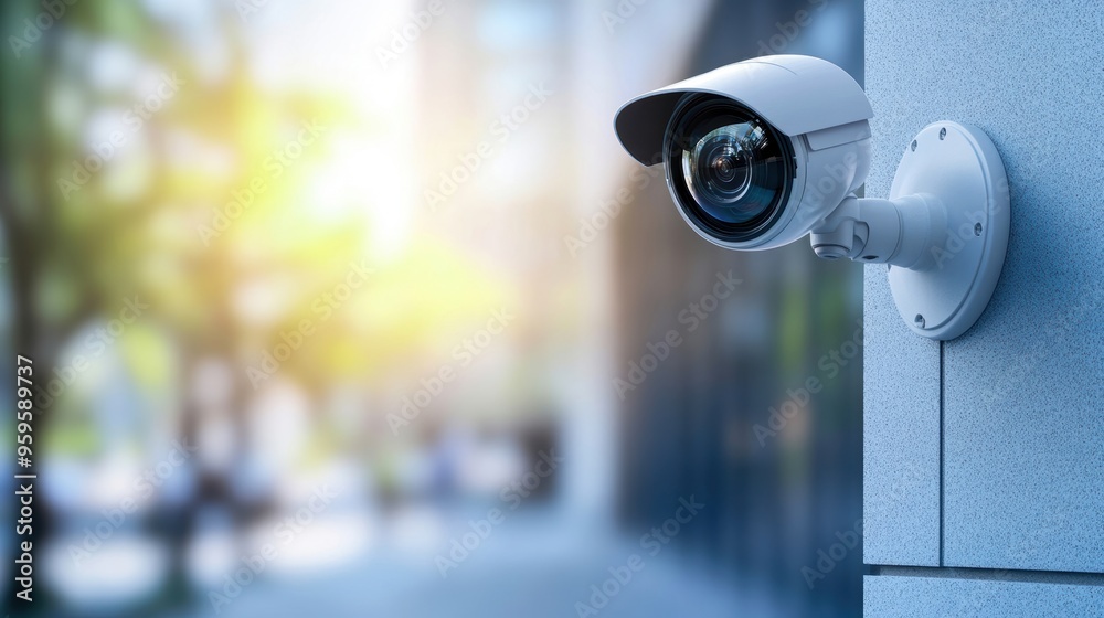 Modern security camera mounted on a wall, offering surveillance and protection in urban settings with natural light and blur effect. Modern security camera mounted on a wall, offering surveillance and protection in urban settings with natural light and blur effect.