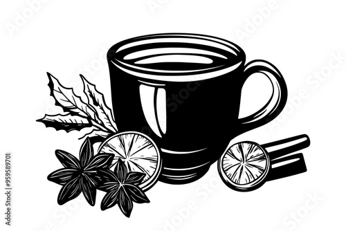 Cup filled with mulled wine beside whole star anise and orange peels, vector illustration art