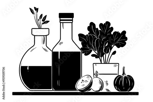 Glass containers filled with liquid, surrounded by fermentation vessels on a wooden surface, vector illustration art