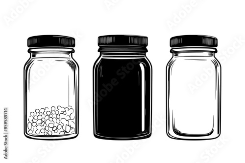 Glass containers with liquid, alongside jars of probiotic cultures on a neutral background, vector illustration art