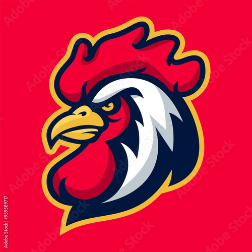 Rooster head mascot logo, perfect for sports teams or businesses.