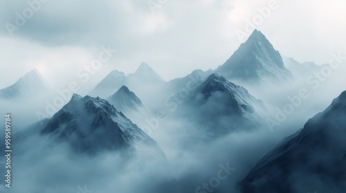 Wallpaper Mural A mystical and dramatic scene of snow-capped mountains shrouded in fog, with a hint of sunlight breaking through the clouds. Torontodigital.ca