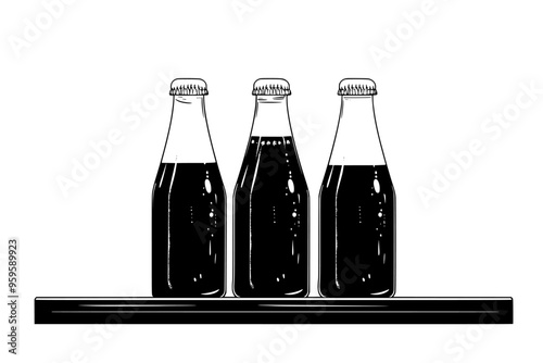 Glass bottles of artisanal sodas standing upright on a sleek shelf, vector illustration art