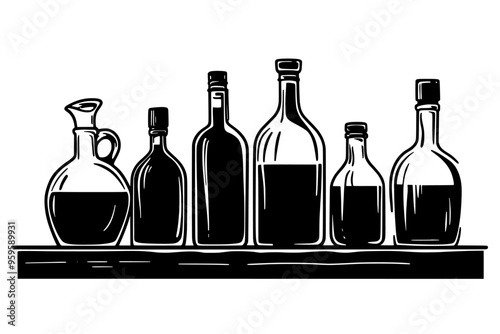 Glass containers filled with liquid, surrounded by fermentation vessels on a wooden surface, vector illustration art