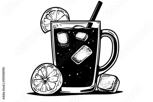 Glass mug holding lemonade with visible lemon slices and ice cubes, vector illustration art
