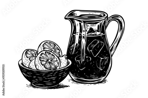 Large glass pitcher containing lemonade beside a bowl of lemons, vector illustration art