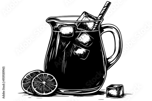 Large glass pitcher containing iced tea with ice cubes and lemon slices, vector illustration art
