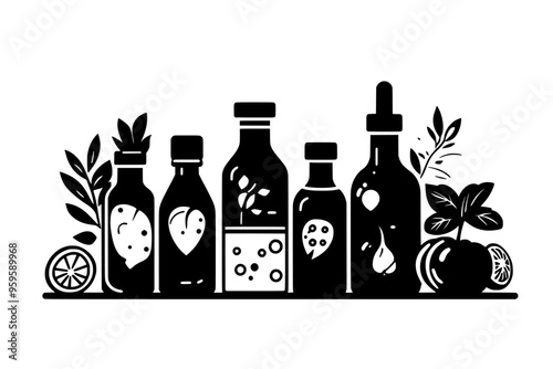 Multiple bottles with liquid, placed on a surface with fresh ingredients around, vector illustration art