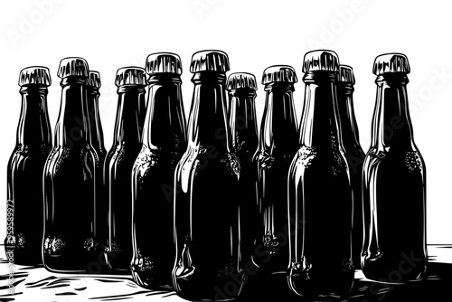 Multiple artisanal soda bottles displayed neatly on a stone countertop, vector illustration art