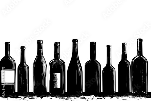 Vintage wine bottles displayed neatly on a stone countertop, vector illustration art
