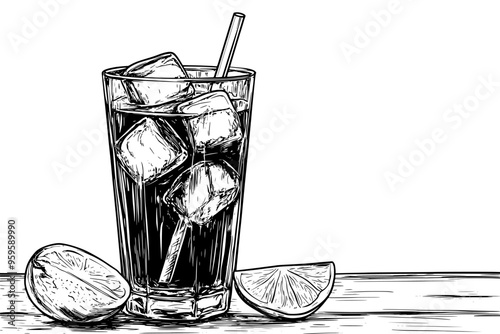 Tall glass of iced tea with lemon slices and ice cubes on the surface, vector illustration art