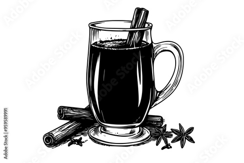 Tall glass of mulled wine with cloves and cinnamon sticks on surface, vector illustration art