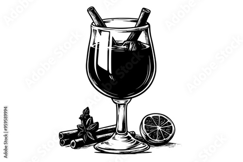Tall glass of mulled wine with cloves and cinnamon sticks on surface, vector illustration art