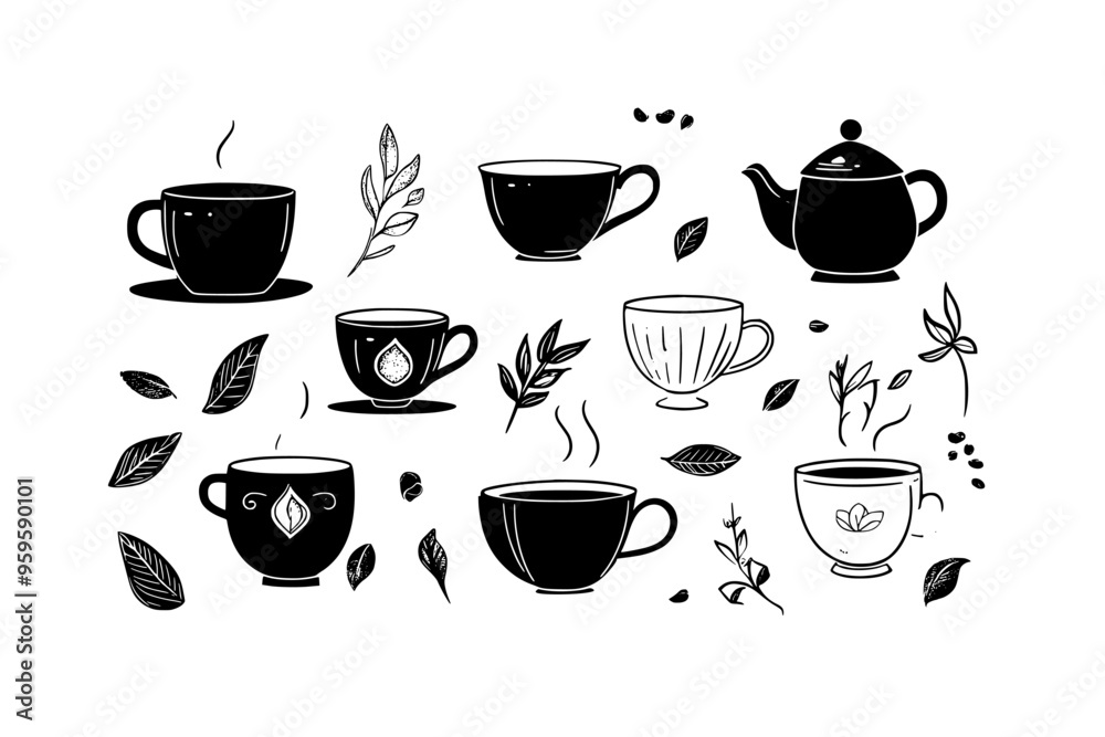 Various cups and teapots with liquid, surrounded by loose tea leaves on a neutral background, vector illustration art Various cups and teapots with liquid, surrounded by loose tea leaves on a neutral background, vector illustration art