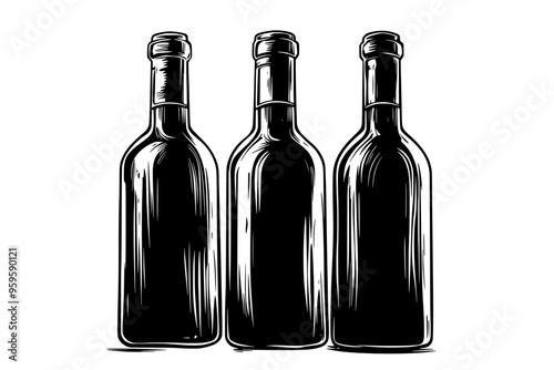 Vintage wine bottles placed together against a simple background, vector illustration art