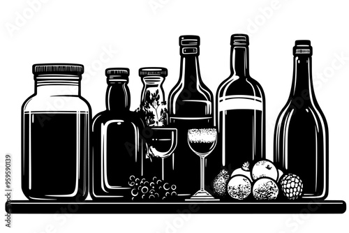 Various jars and bottles with liquid, alongside fermentation vessels on a table, vector illustration art