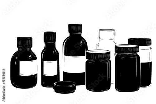 Various bottles and jars with liquid on a table, with visible signs of fermentation, vector illustration art